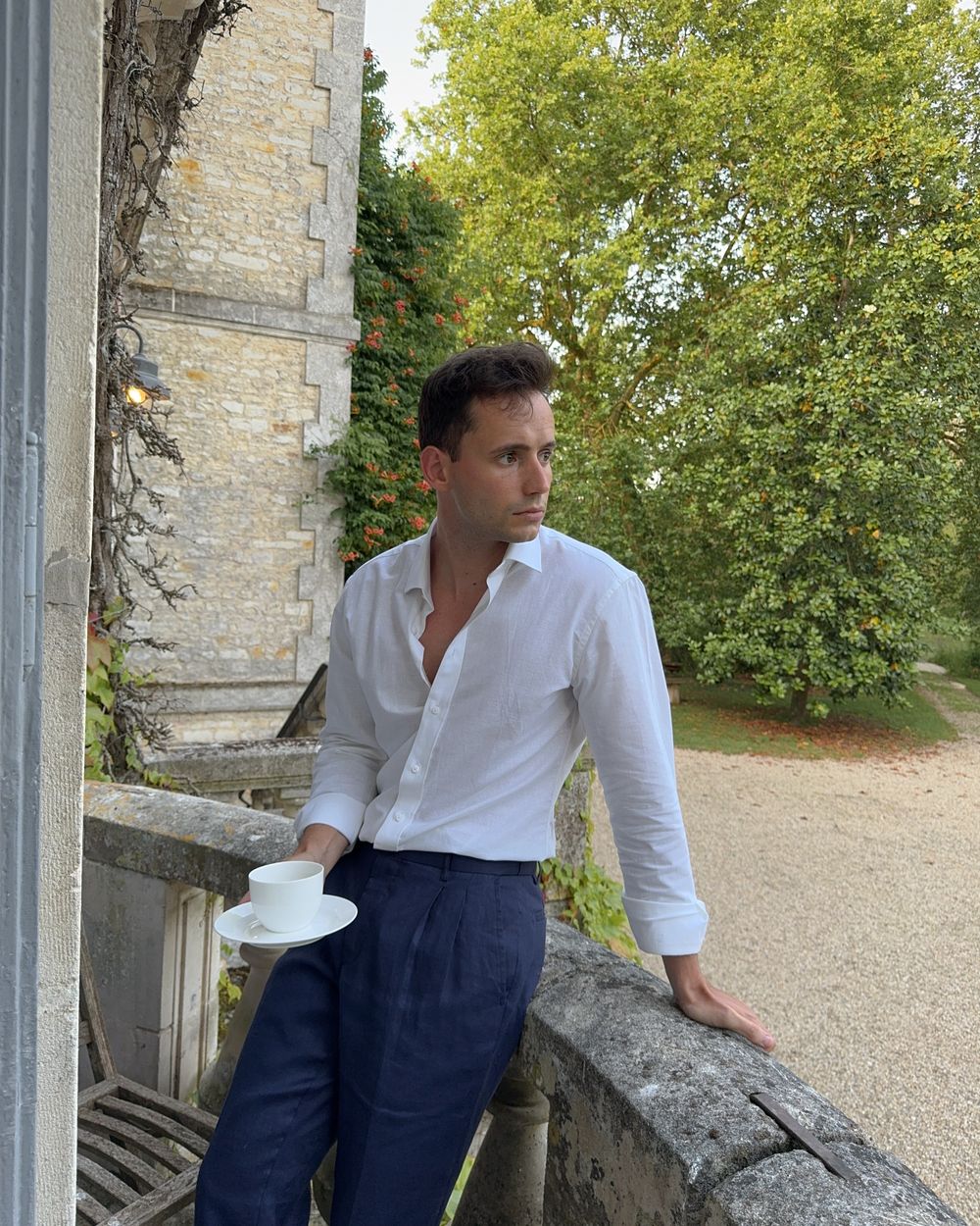 White Linen Shirt with Navy Trousers