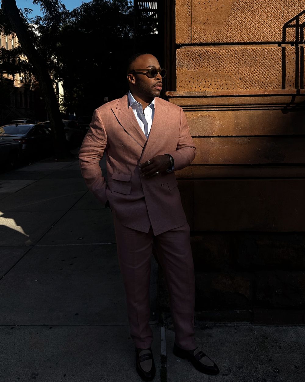 Coral Pink Linen Suit with Sunglasses