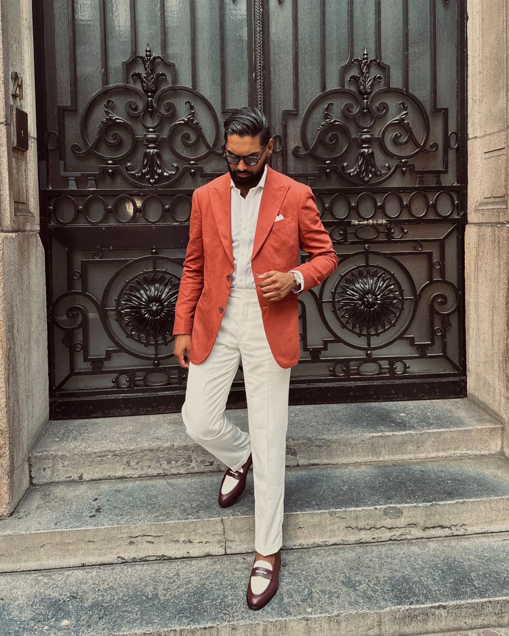 Terracotta Blazer with White Trousers