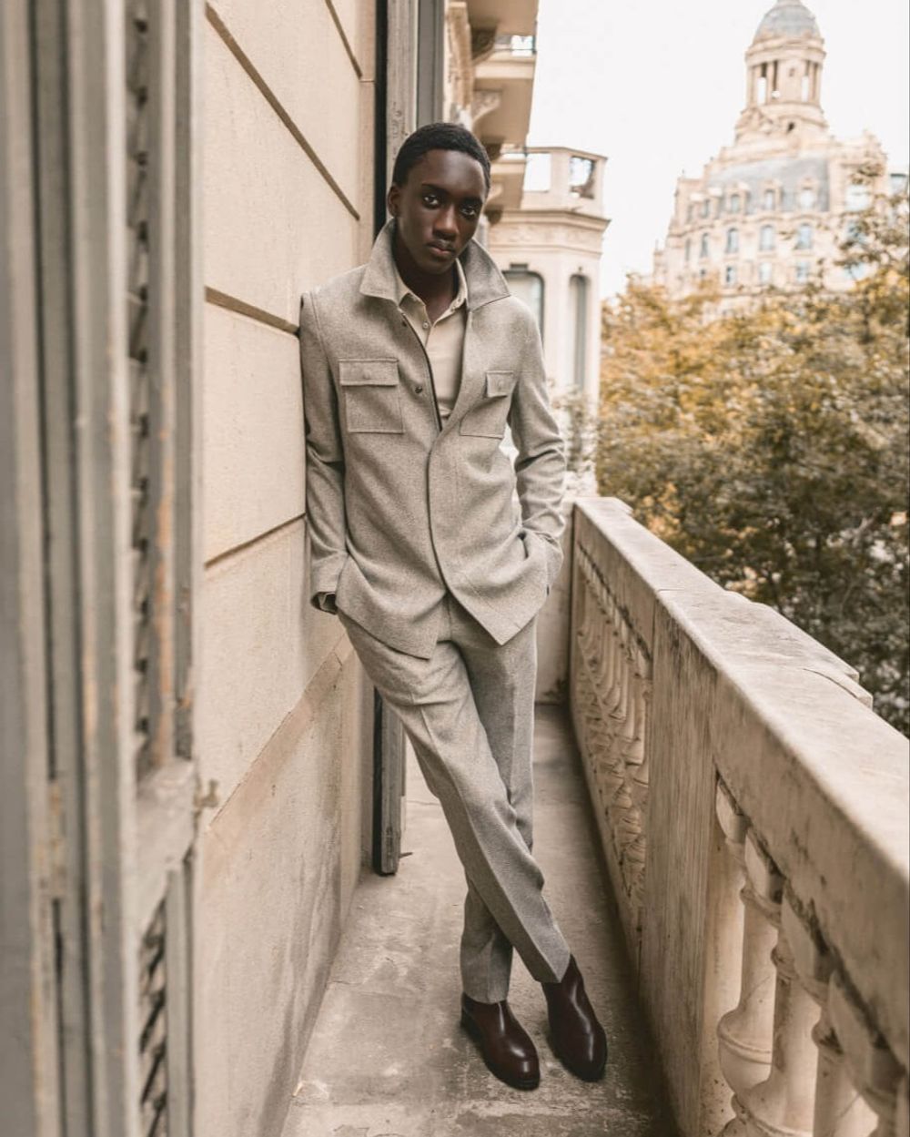 Gray Saharan with Polo Shirt and Chelsea Boots	