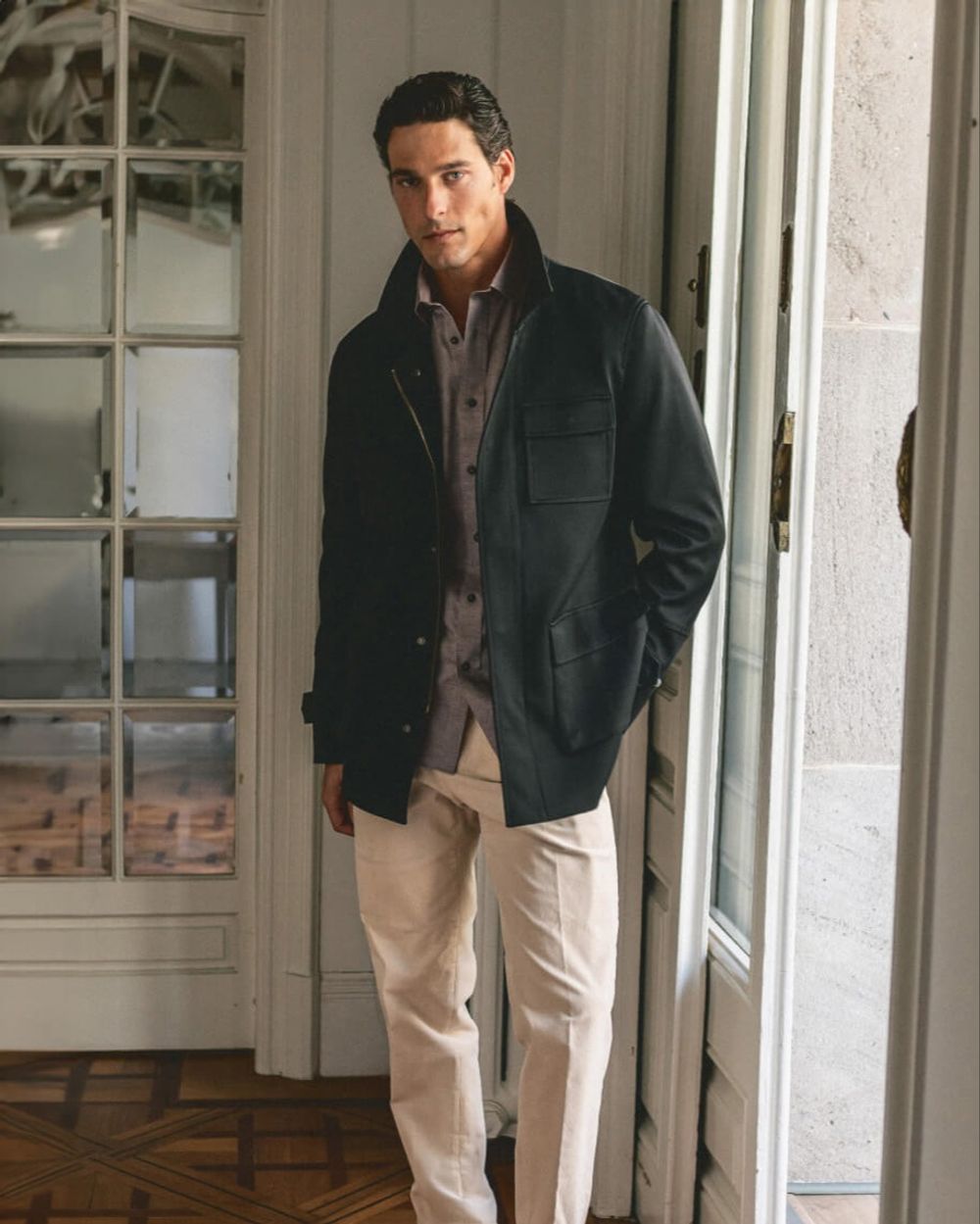 Navy Field Jacket with Beige Trousers Hockerty
