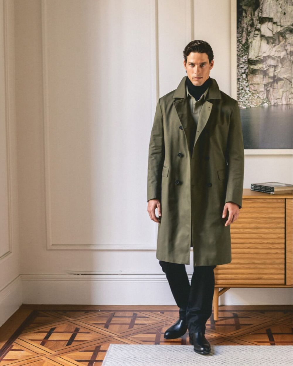 Olive Green Trench Coat with Polo Shirt Hockerty