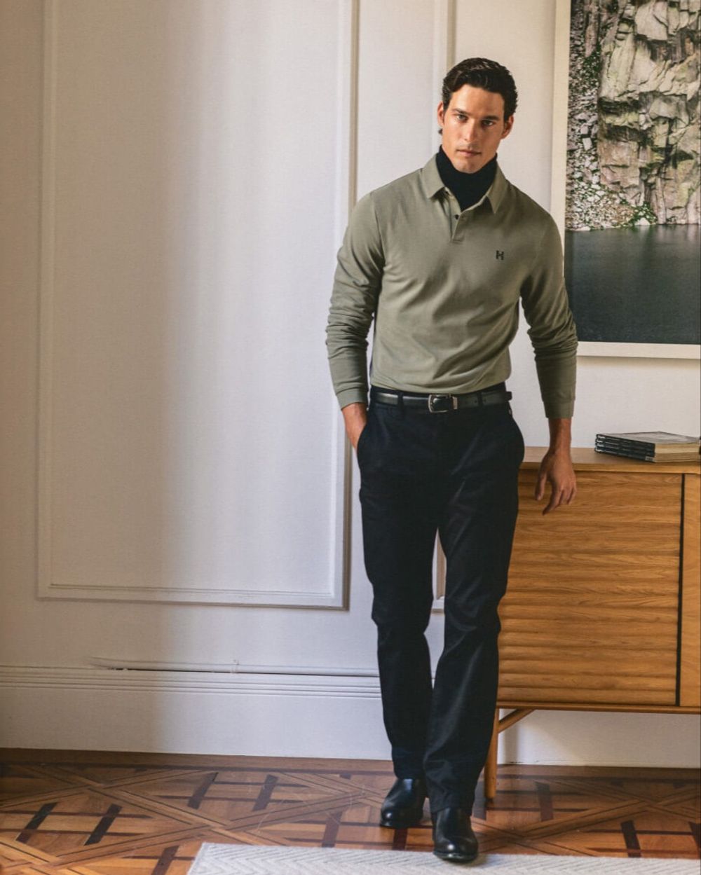 Olive Green Trench Coat with Polo Shirt