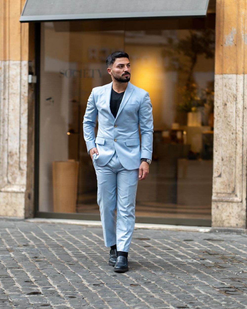 Light Blue Suit with Black T Shirt Hockerty