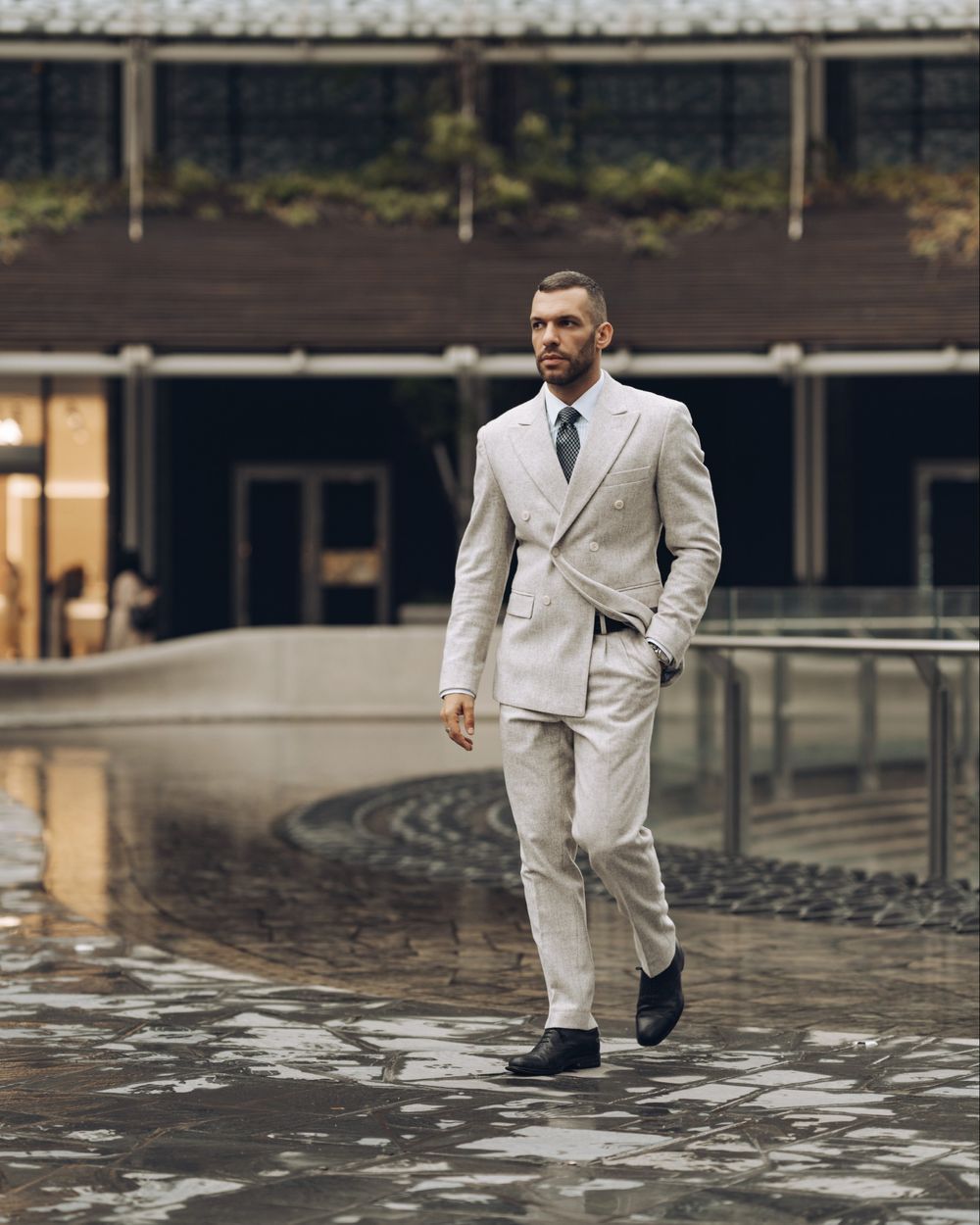 Ash Gray Suit with Patterned Tie