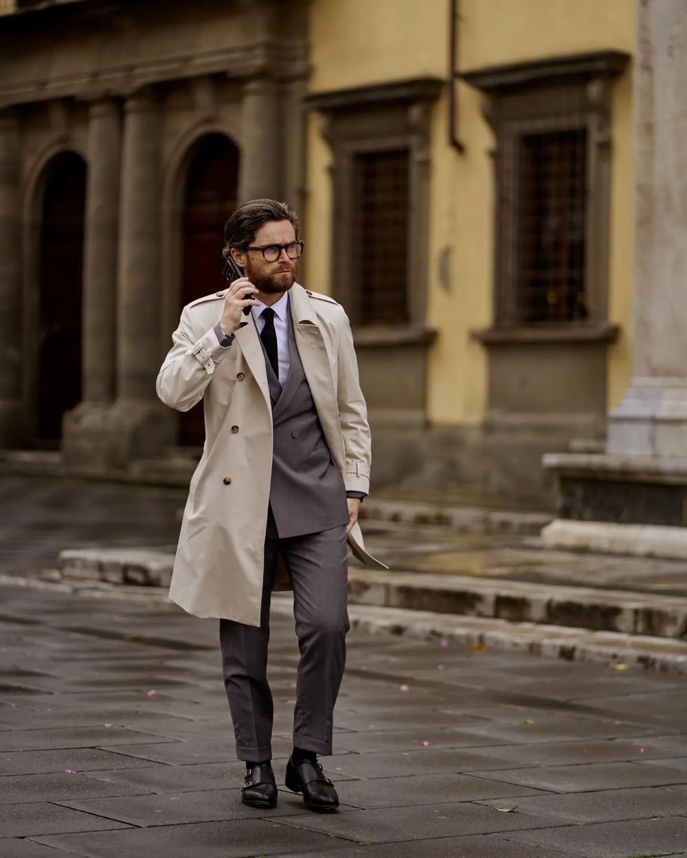 Beige Trench Coat with Grey Double-Breasted Suit