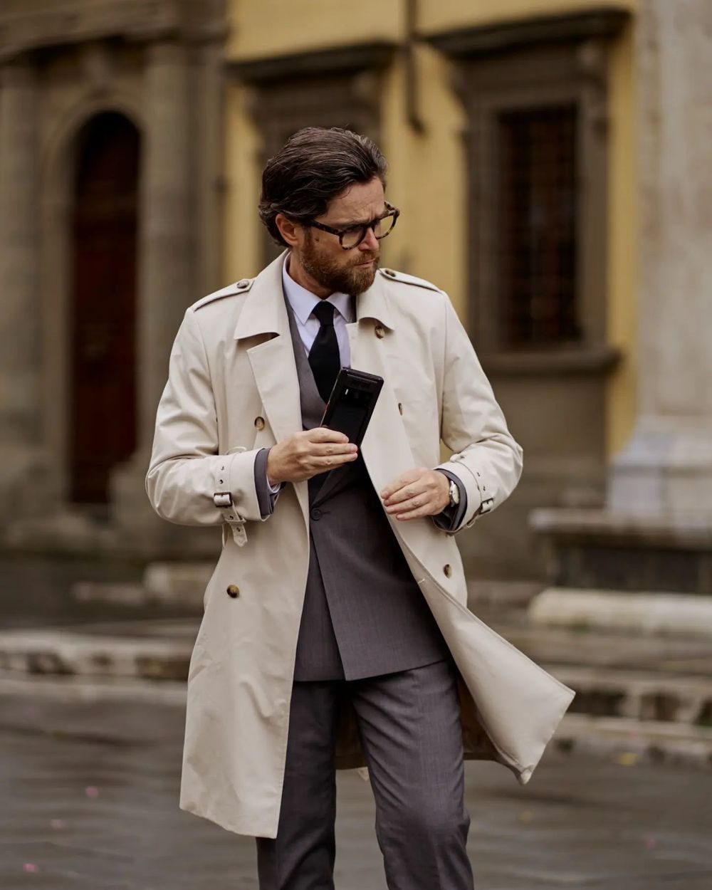 Beige Trench Coat with Grey Double-Breasted Suit