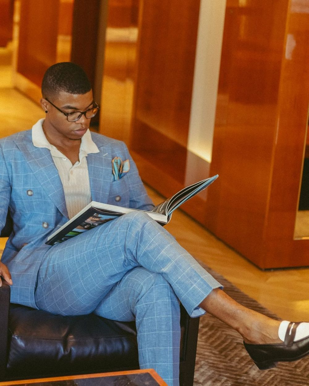 Light Blue Windowpane Suit with Cream Knit Polo