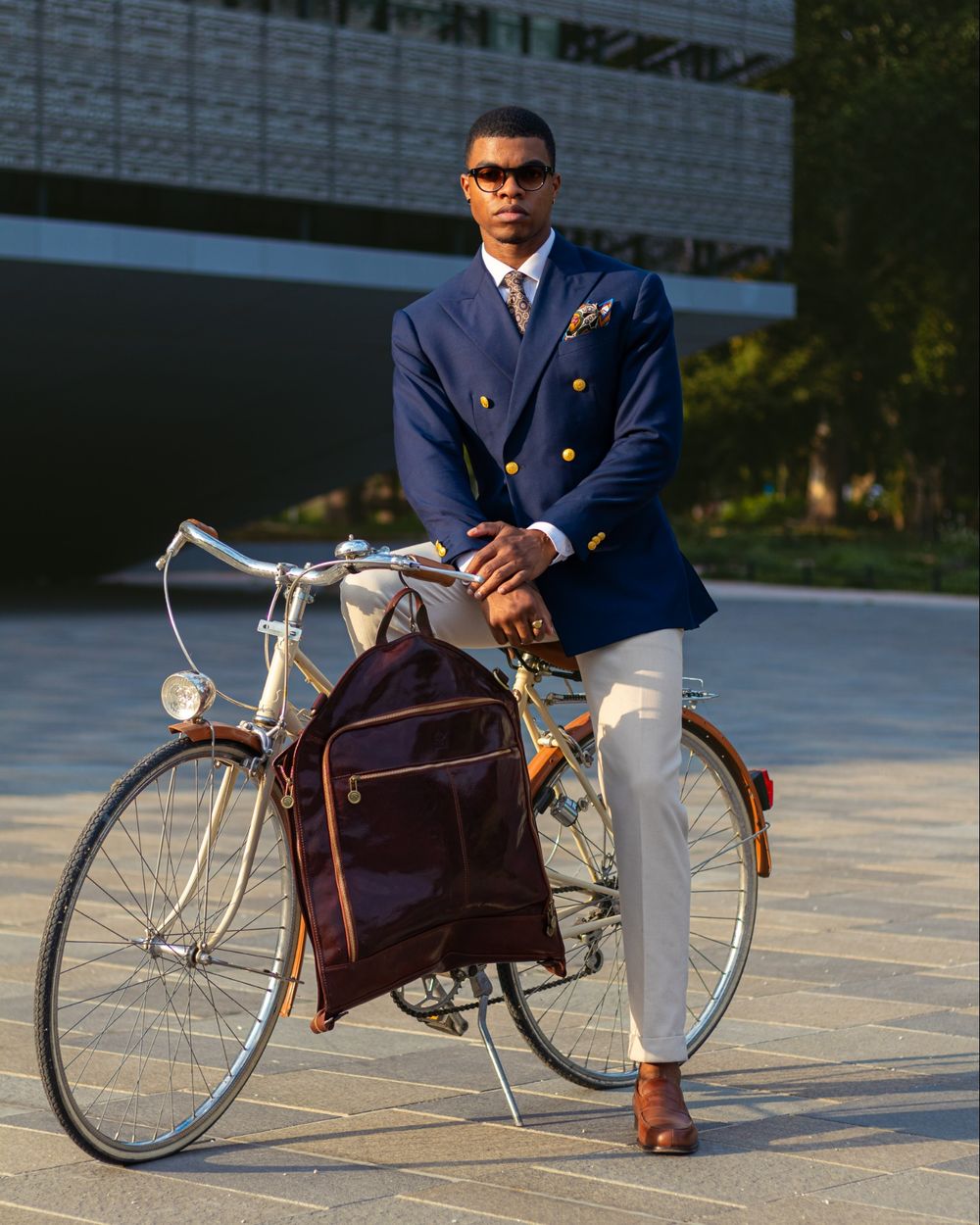 Navy Double Breasted Blazer with Cream Trousers