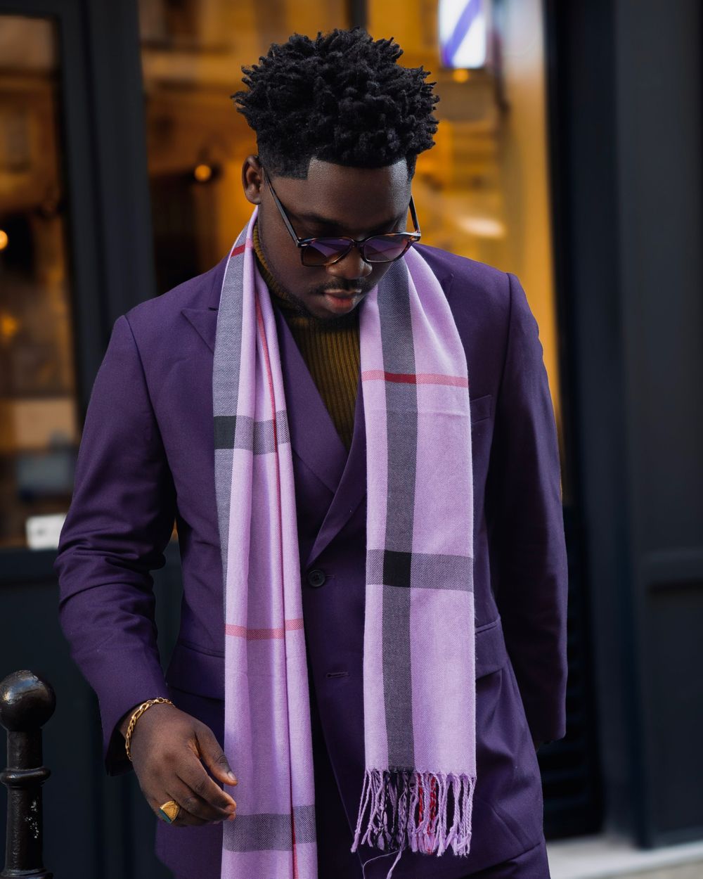Purple Suit with Olive Turtleneck and Lilac Scarf