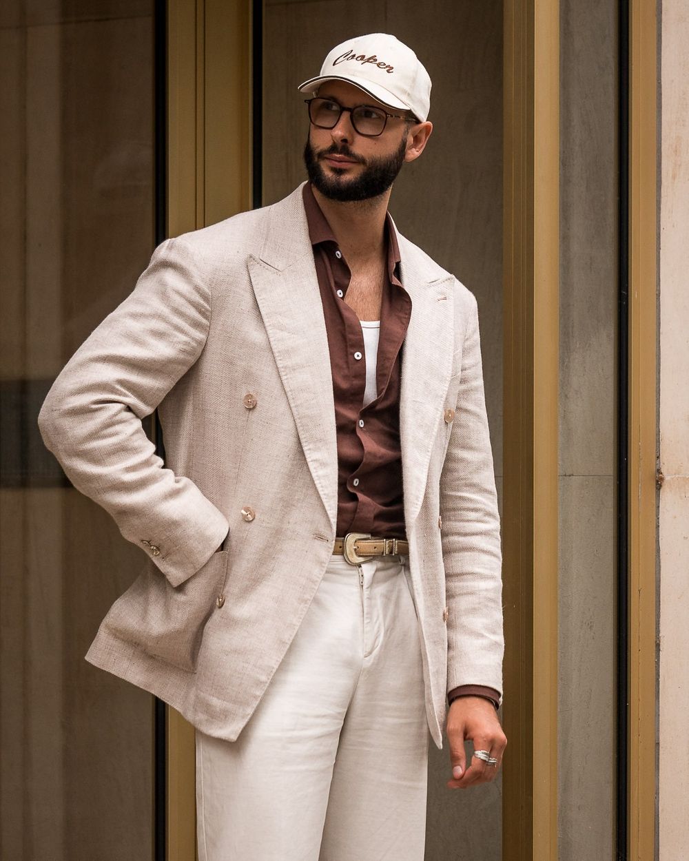 Beige Linen Suit with Brown Shirt and Baseball Cap Hockerty