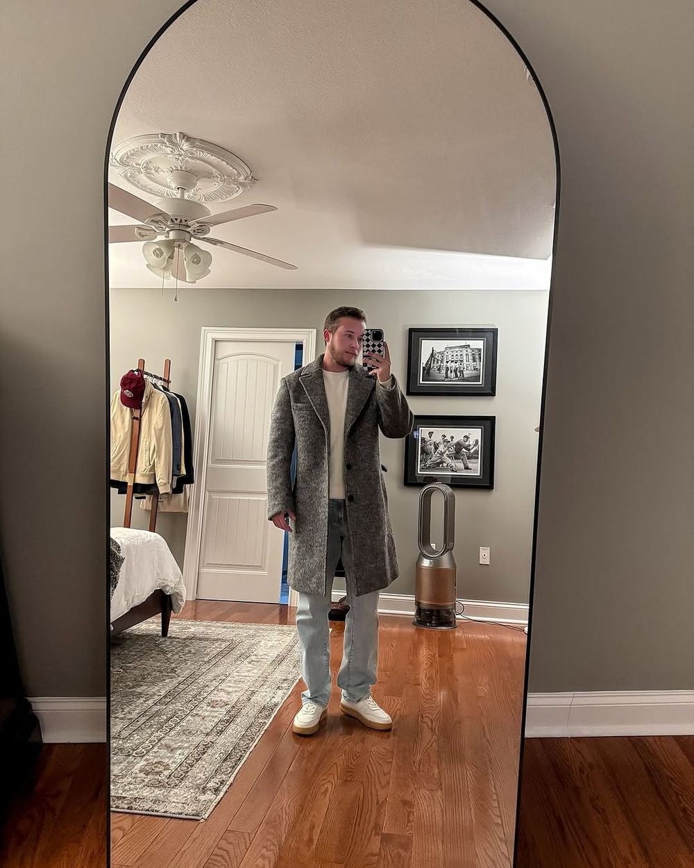 Gray Wool Overcoat with White Sweater and Light Denim