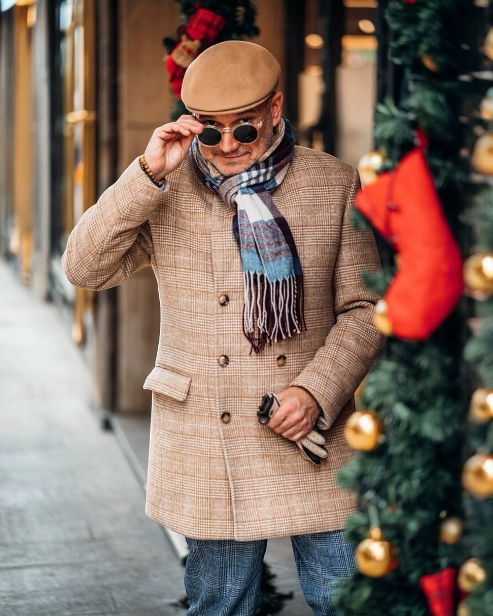 Beige Plaid Overcoat with Checkered Scarf | Hockerty