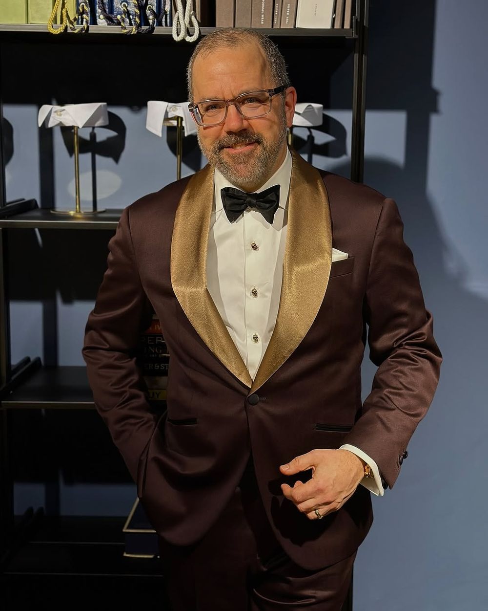 Chocolate Brown Tuxedo with Gold Satin Lapel