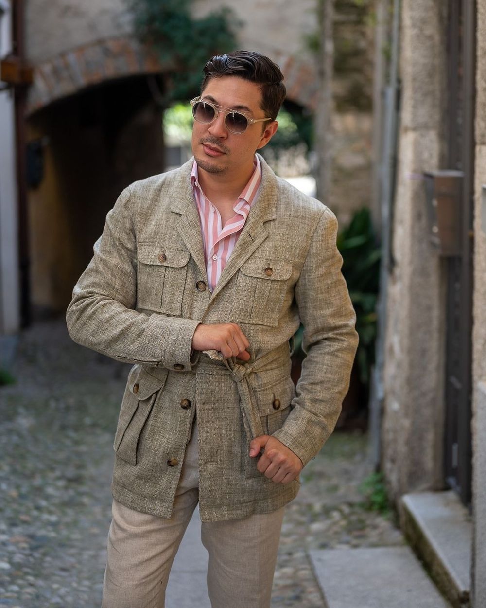 Beige Safari Jacket with Striped Pink Shirt Hockerty