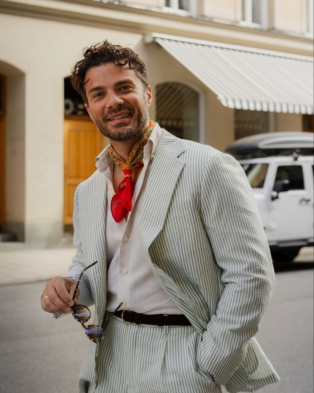 Green Striped Linen Suit with Cream Shirt