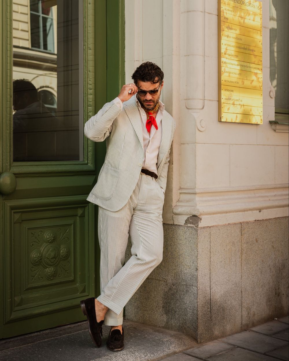 Green Striped Linen Suit with Cream Shirt