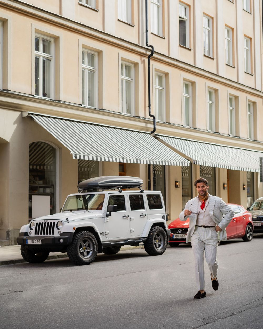 Green Striped Linen Suit with Cream Shirt