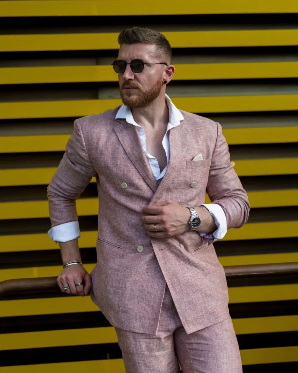 Pink Double-Breasted Suit with White Shirt