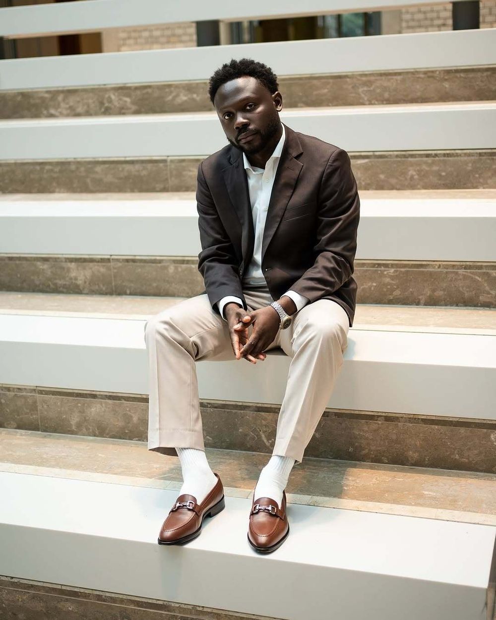 Chocolate Brown Blazer with Beige Trousers