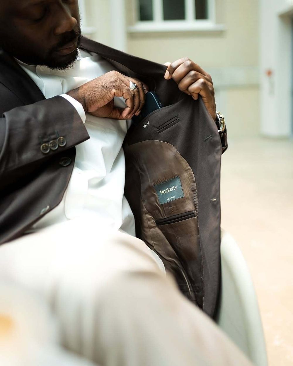 Chocolate Brown Blazer with Beige Trousers