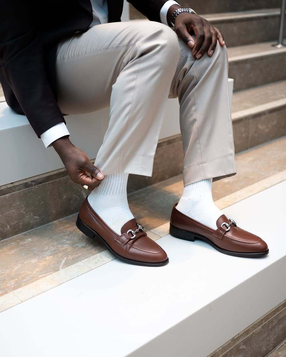 Chocolate Brown Blazer with Beige Trousers