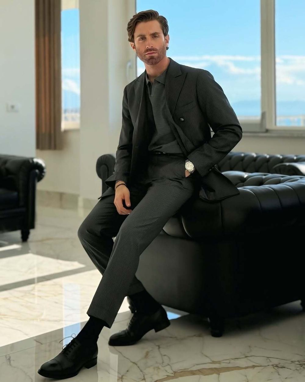 Charcoal Double-Breasted Suit with Black Shirt