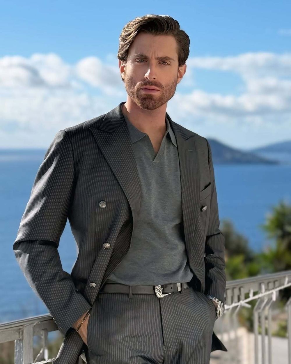Charcoal Double-Breasted Suit with Black Shirt