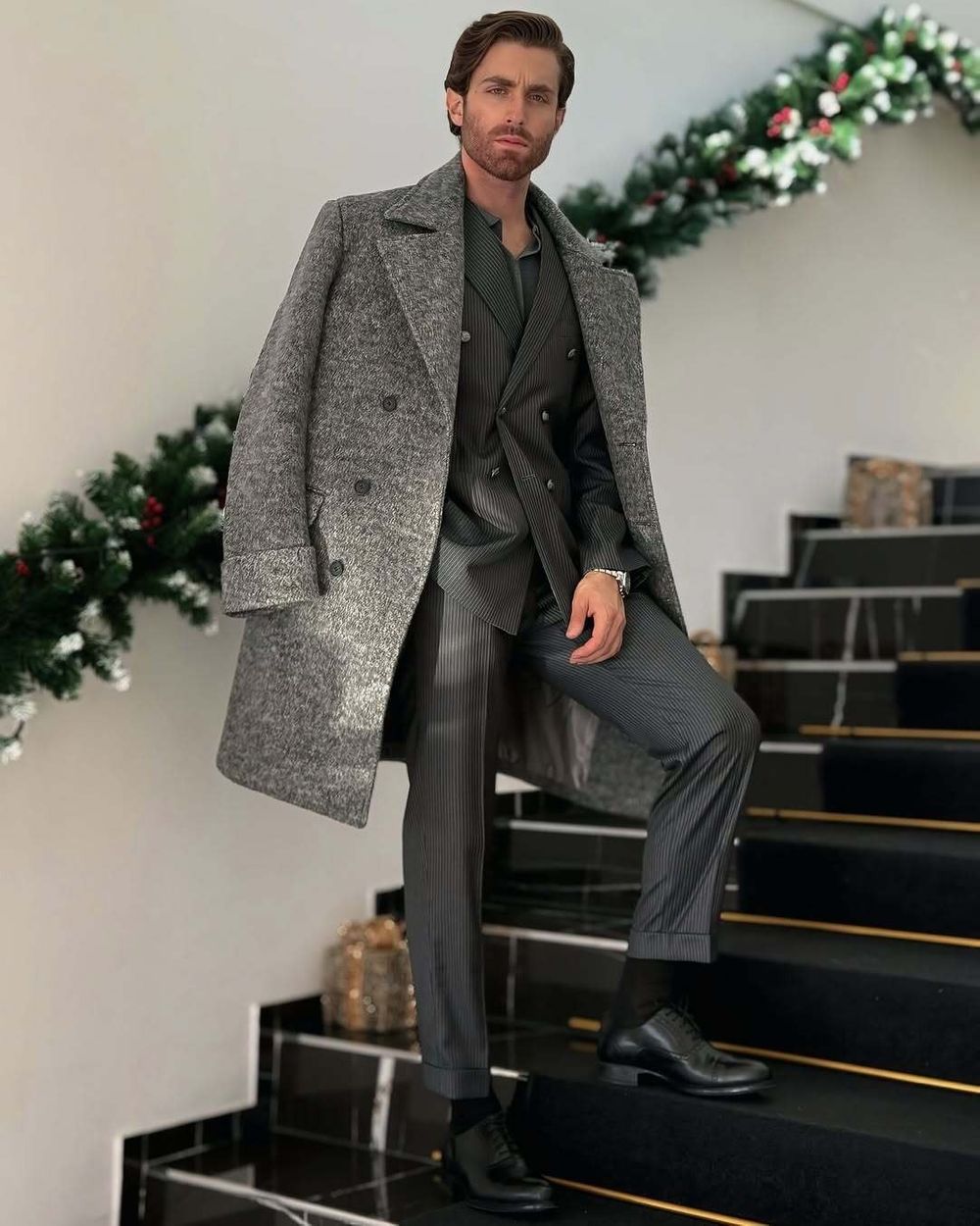Grey Overcoat with Double-Breasted Pinstripe Suit
