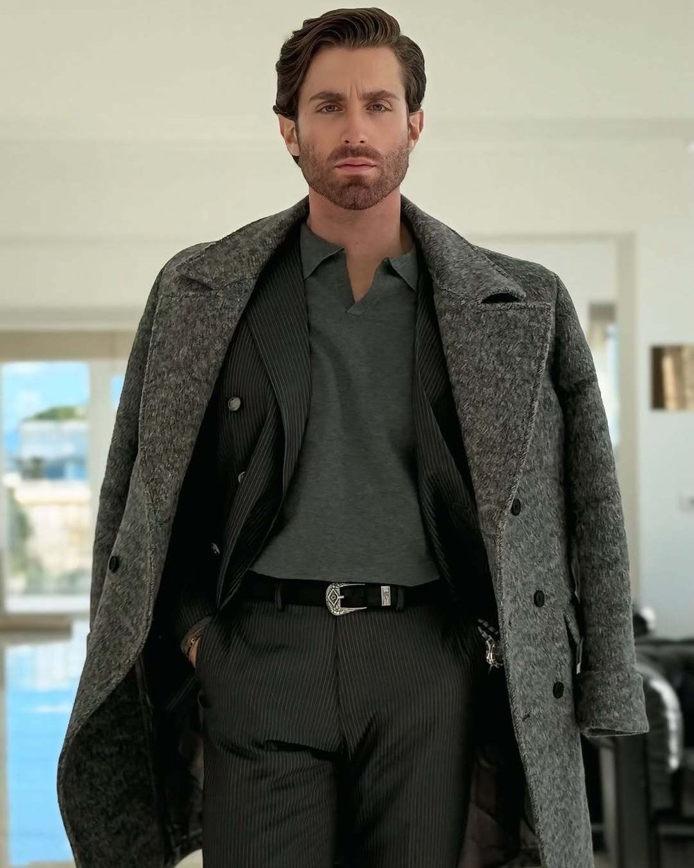 Grey Overcoat with Double-Breasted Pinstripe Suit