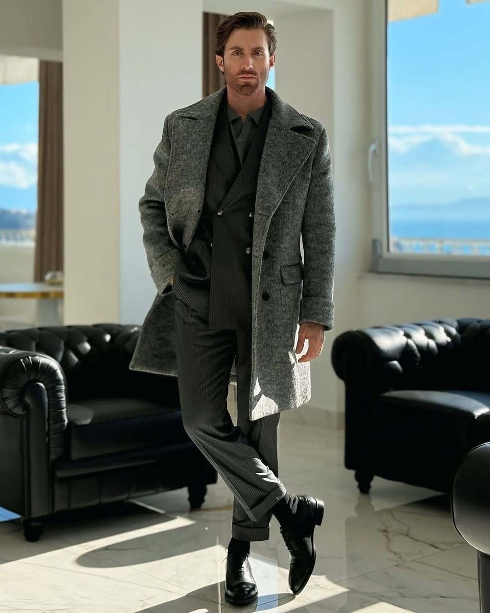 Grey Overcoat with Double-Breasted Pinstripe Suit