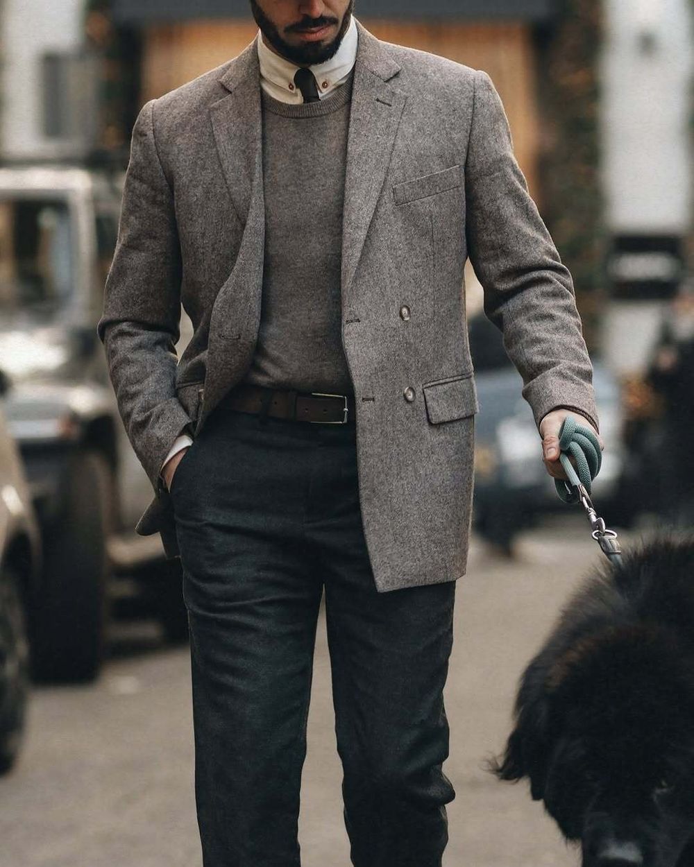 Gray Tweed Blazer with Sweater and Flat Cap	