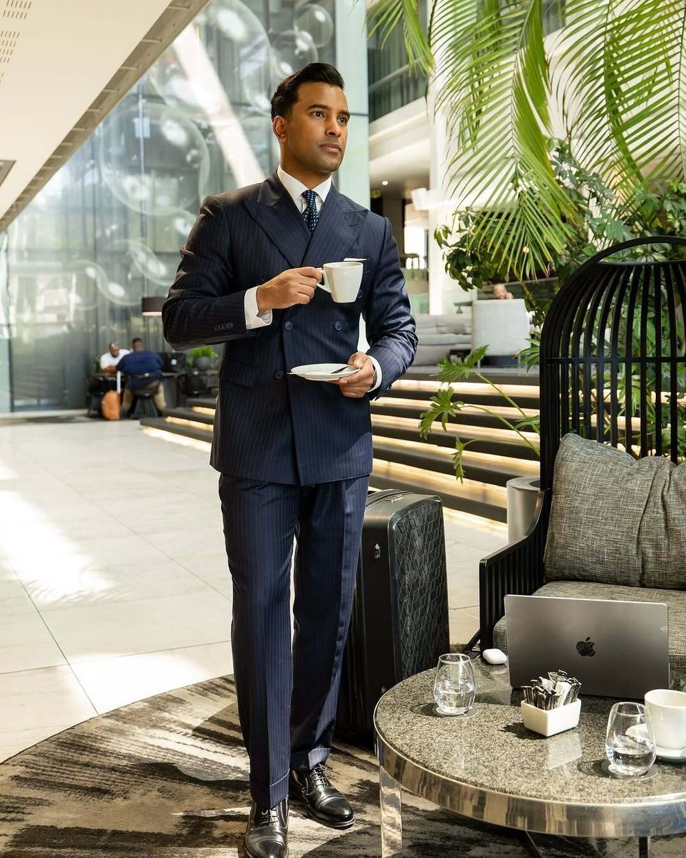 Navy Double-Breasted Suit with White Shirt and Tie	