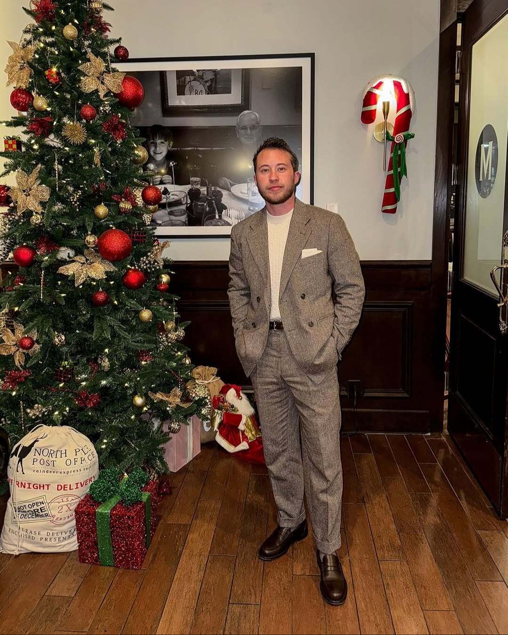 Herringbone Wool Suit with Cream Knit Sweater