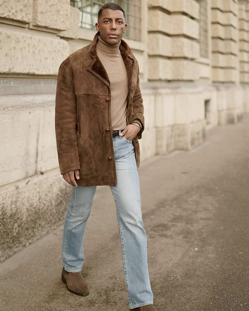 Brown Shearling Jacket with Light Blue Jeans