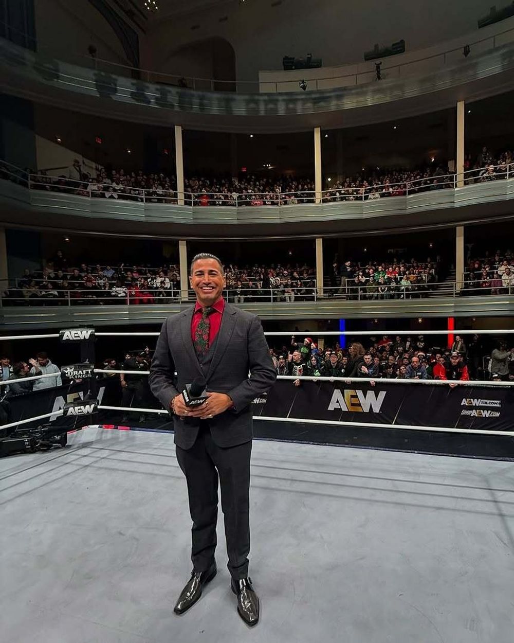 Charcoal Gray Suit with Red Shirt and Floral Tie	