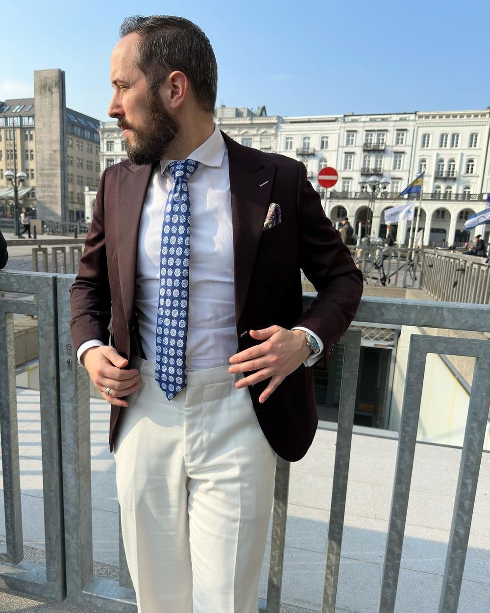 Burgundy Blazer with White Trousers	