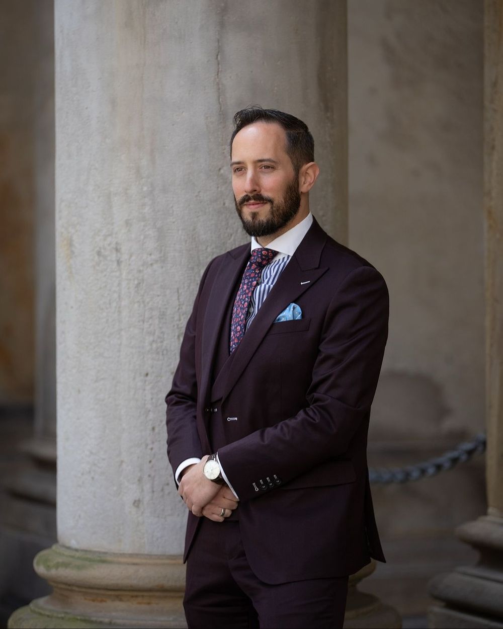 Burgundy Suit with Striped Shirt	