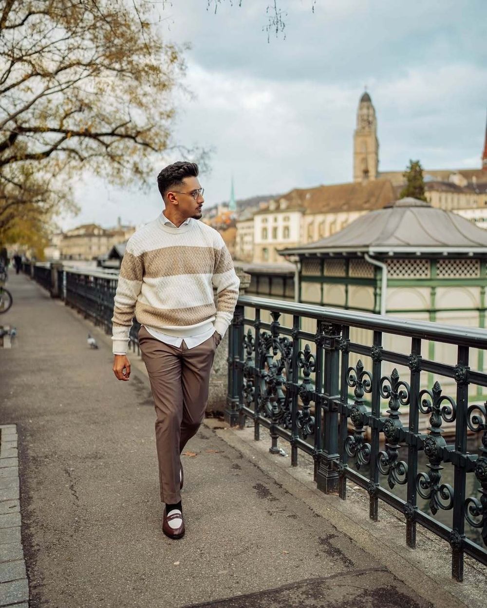 Beige Striped Sweater With Brown Trousers	