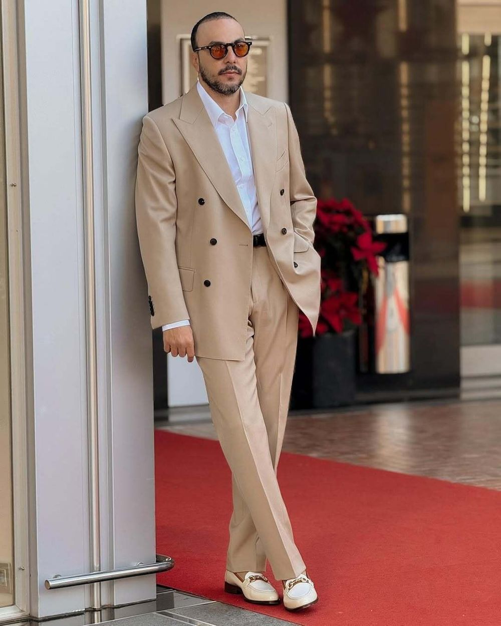 Beige Double-Breasted Suit with White Shirt