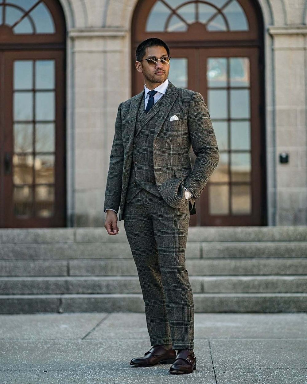 Plaid Three-Piece Suit With Navy Tie	