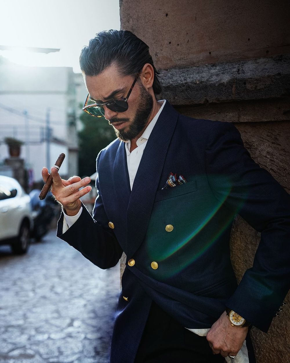 Navy Double-Breasted Blazer with Gold Buttons