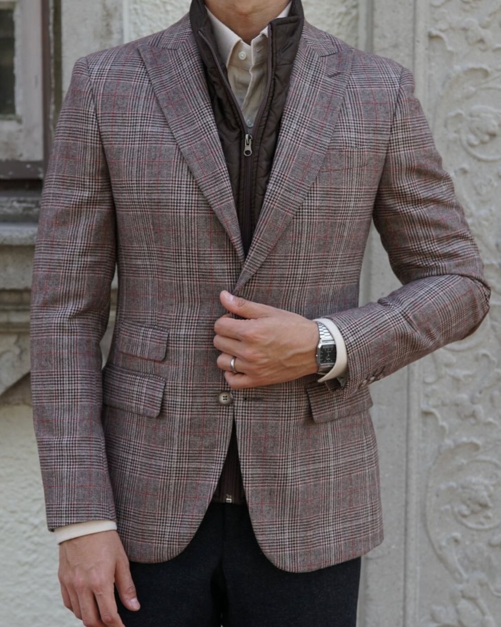Plaid Blazer with Quilted Vest and Neutral Shirt