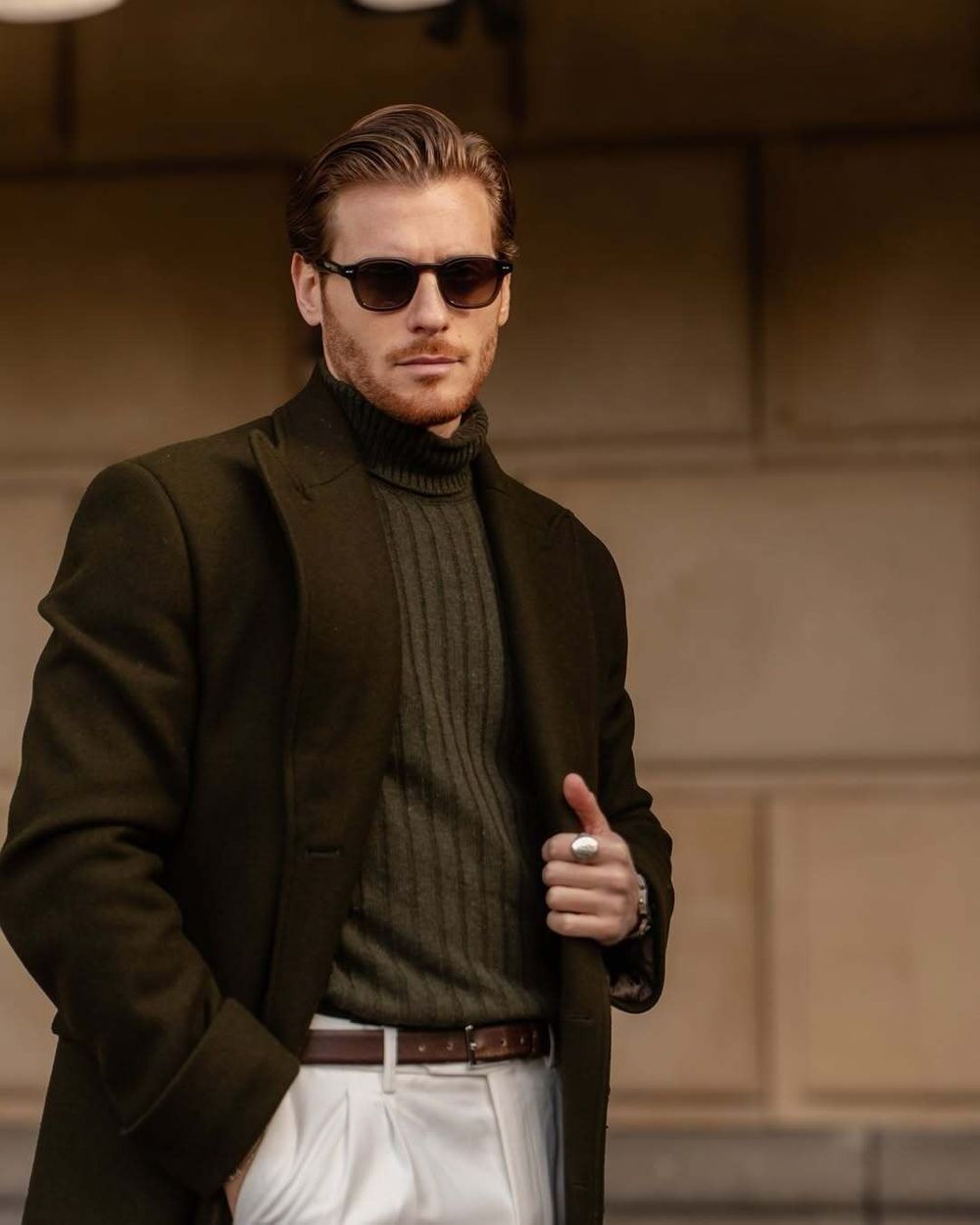 Ribbed Olive Green Sweater with White Trousers