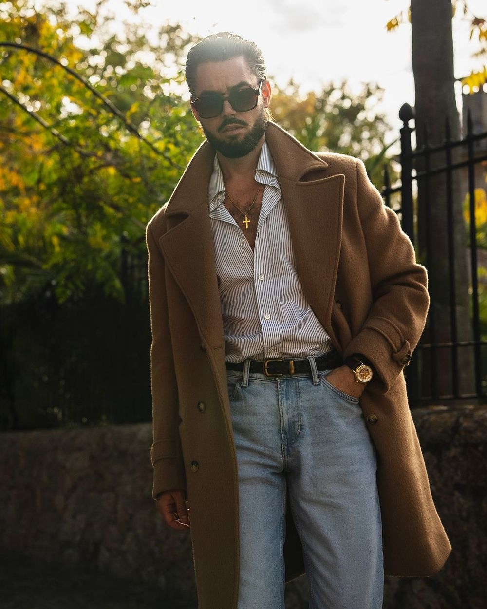 Camel Overcoat with Striped Shirt and Light Wash Denim