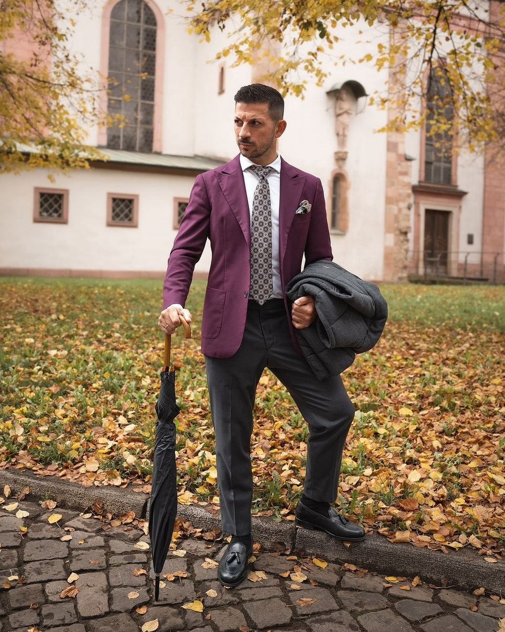 Burgundy Blazer with Gray Trousers and Patterned Tie
