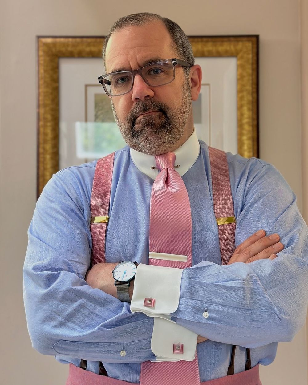 Pink Linen Suit with Light Blue Shirt and Panama Hat