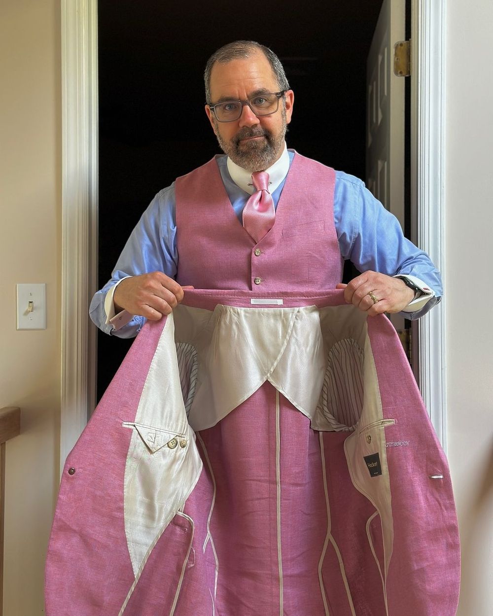 Pink Linen Suit with Light Blue Shirt and Panama Hat