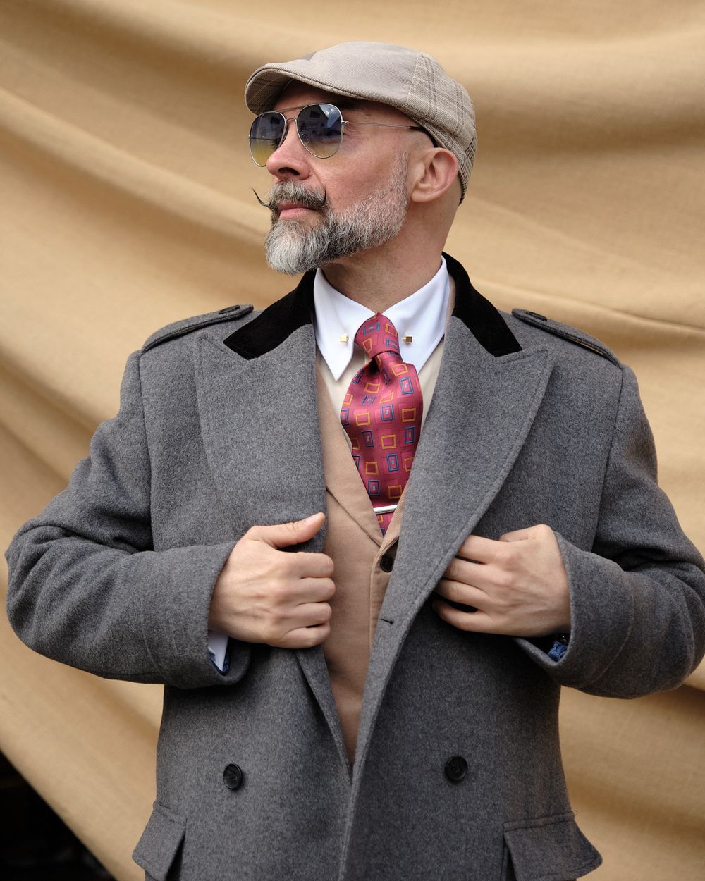 Classic Gray Overcoat with Vintage Accessories | Hockerty