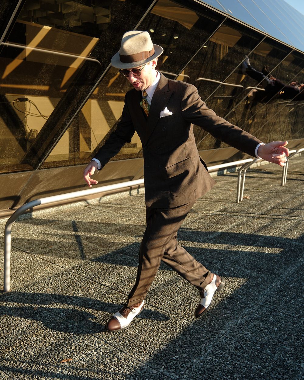 Brown Suit with Fedora and Two-Tone Shoes